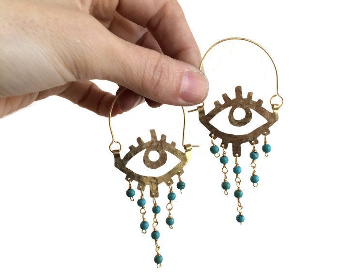 Beaded eye hoop earrings, beaded ojo hoops