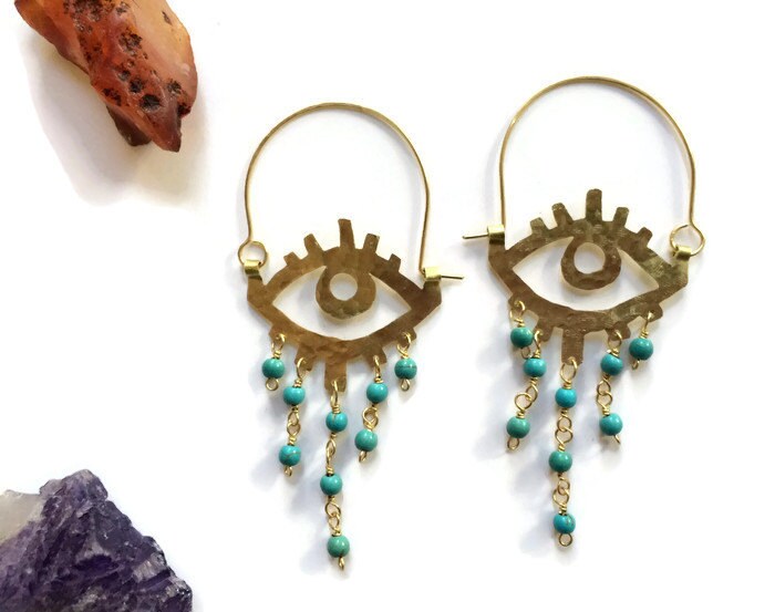 Beaded eye hoop earrings, beaded ojo hoops