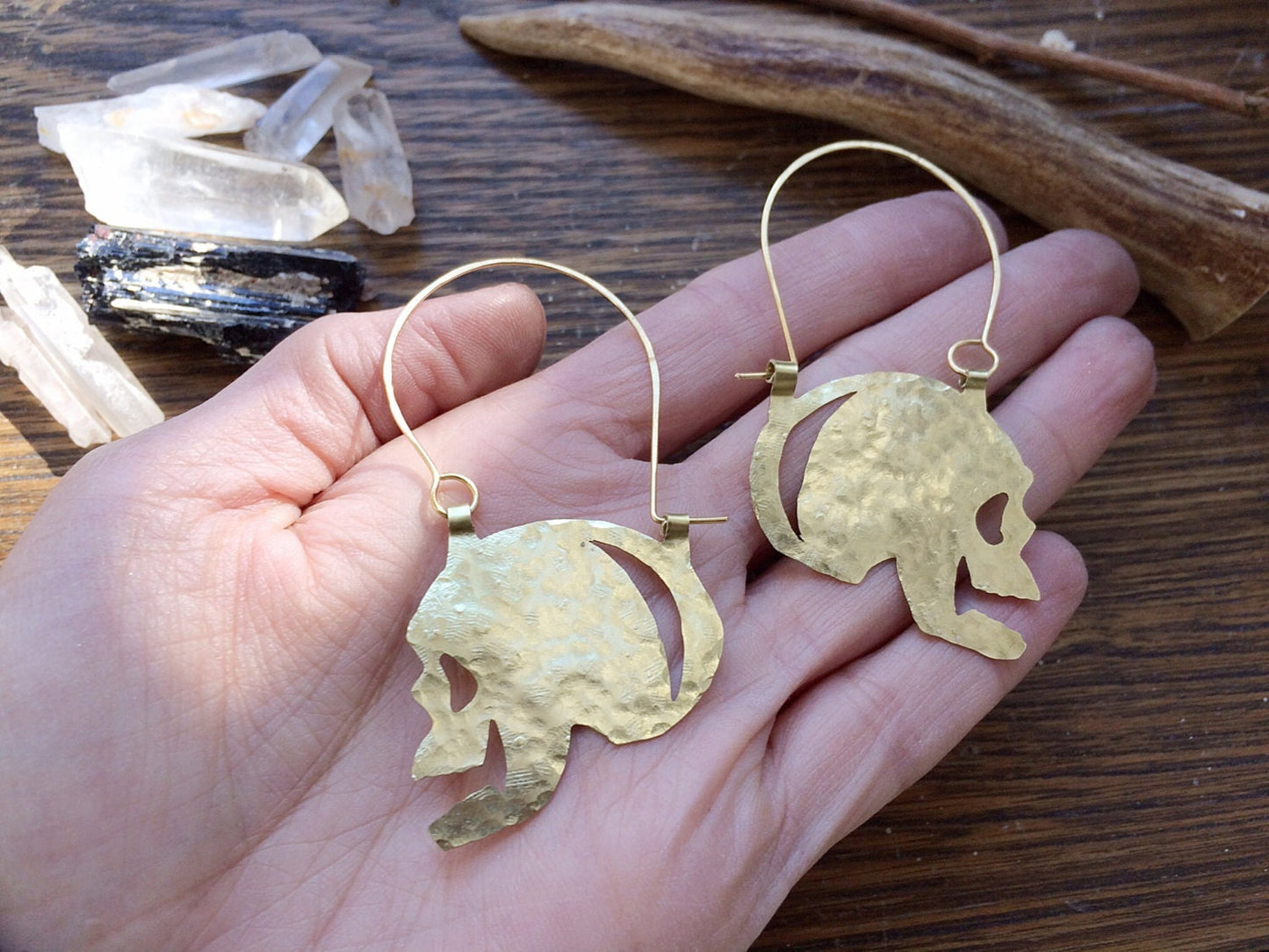 Skull earrings, hammered metal skull hoop earrings, day of the dead, folk art jewelry