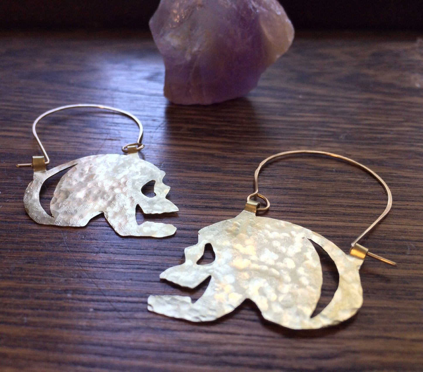 Skull earrings, hammered metal skull hoop earrings, day of the dead, folk art jewelry