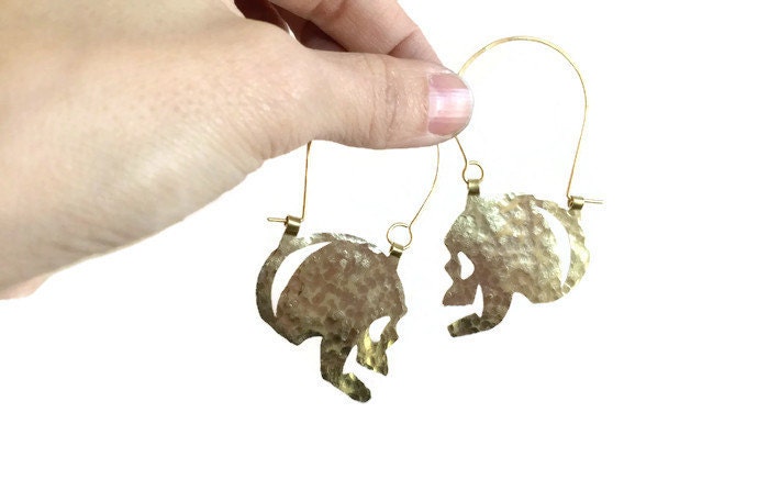 Skull earrings, hammered metal skull hoop earrings, day of the dead, folk art jewelry