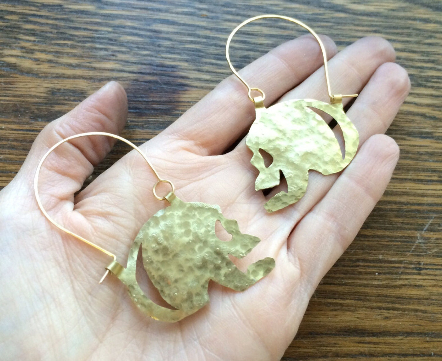 Skull earrings, hammered metal skull hoop earrings, day of the dead, folk art jewelry