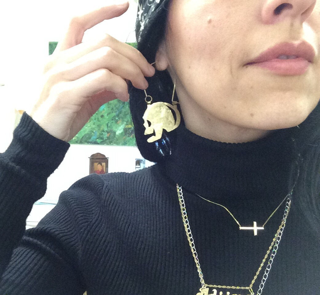 Skull earrings, hammered metal skull hoop earrings, day of the dead, folk art jewelry