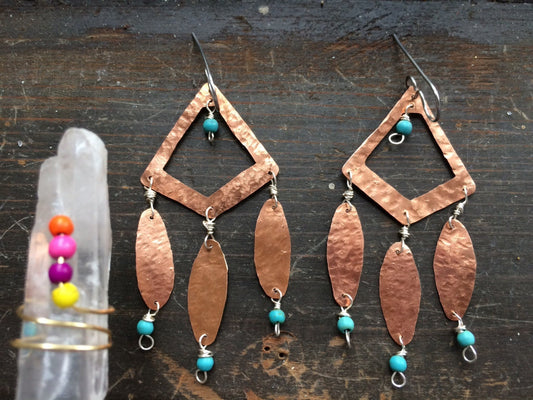 Tribal copper metal earrings, beaded bohemian earrings