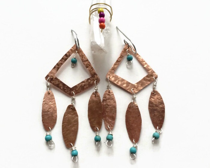 Tribal copper metal earrings, beaded bohemian earrings