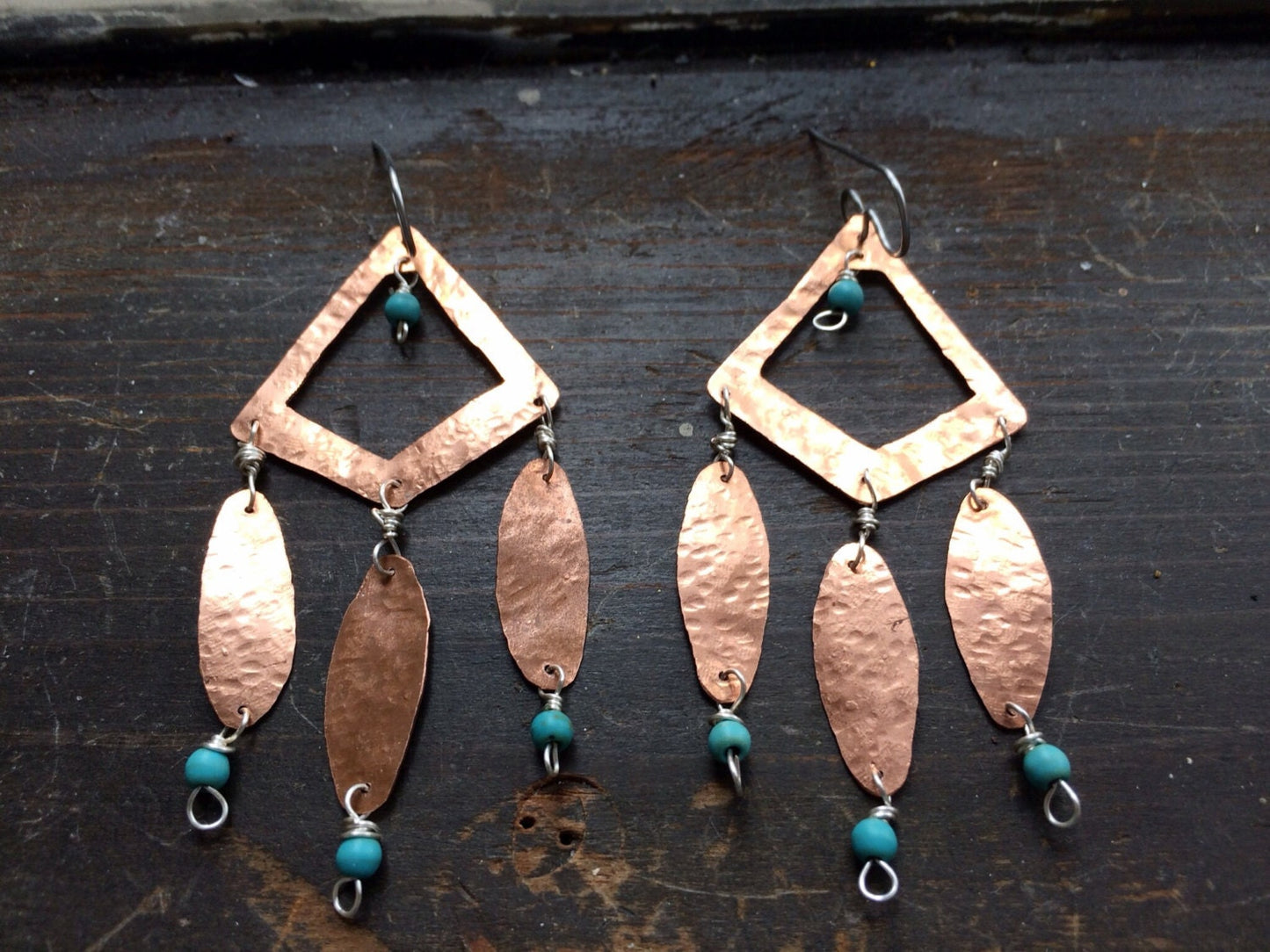 Tribal copper metal earrings, beaded bohemian earrings