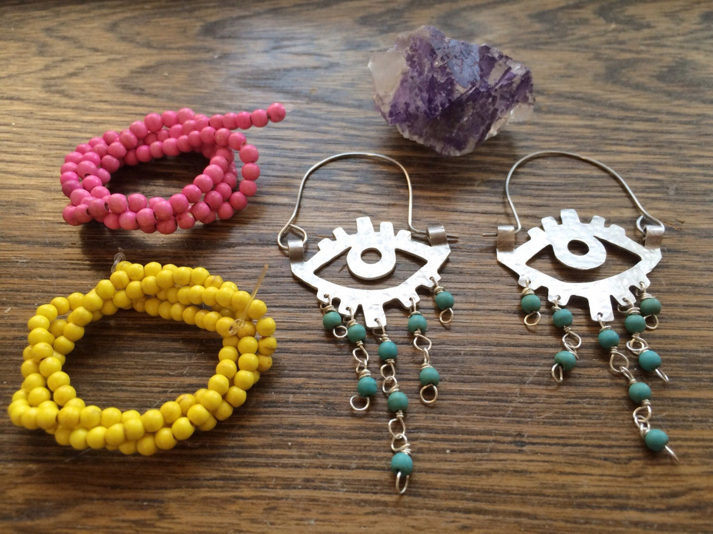 Beaded eye hoop earrings, beaded ojo hoops
